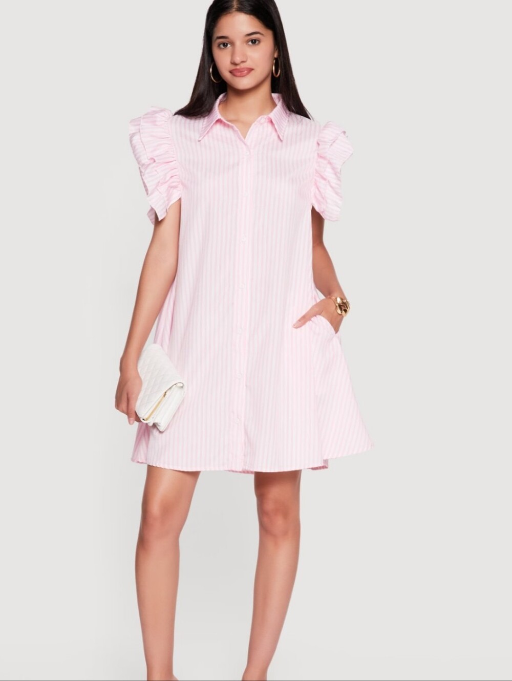 Pink & White Striped Button Down Shirt Dress W/ Ruffled Sleeves, High Slits, XL
